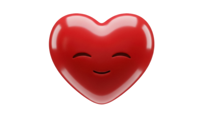 Red heart emoji PNG isolated on transparent background, cute cartoon face with smile for love and Valentine s Day design