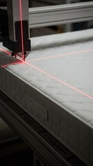 Fototapeta premium Automated machine with laser guidance manufacturing mattress in factory. Vertical photo of industrial robot working with precision on quilted bed. Modern bedding production and technology
