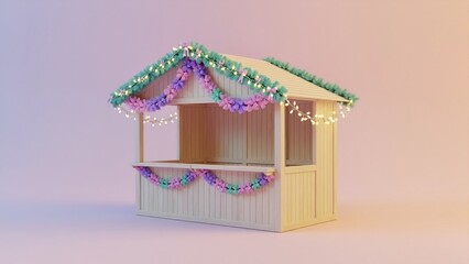 Empty wooden market stall with festive pastel decorations. 3D render of Christmas holiday kiosk with garlands and lights. Small business concept with copy space