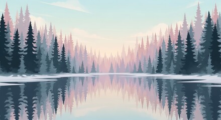 Fototapeta premium Tranquil pine forest reflecting over lake in soft pastel hues