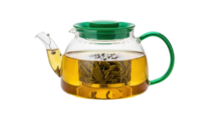 Glass teapot with green accents and tea leaves inside isolated PNG, herbal beverage preparation for healthy lifestyle and relaxation