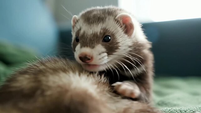 Adorable baby ferret grooming itself and looking curiously at the camera