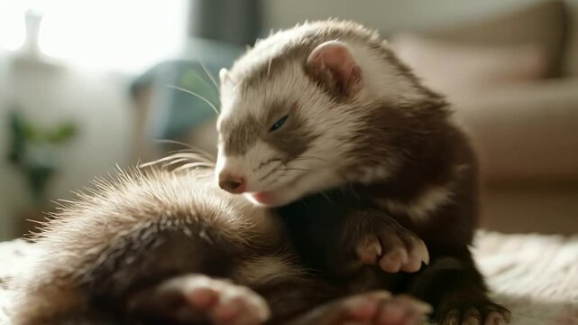 Cute ferret grooming itself with paws and looking at camera in soft natural light indoors