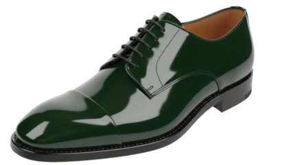 Elegant dark green leather Oxford shoe isolated PNG, classic men s footwear on transparent background for fashion and formal wear