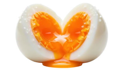 Soft boiled egg cut in half isolated PNG, delicious breakfast food with runny yolk on transparent background