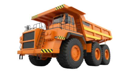 Orange heavy dump truck PNG isolated on transparent background, construction vehicle for mining and earthmoving projects