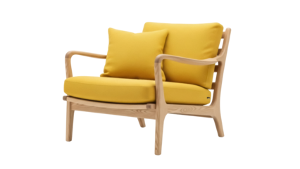 Modern yellow armchair PNG isolated on transparent background, contemporary furniture for living room or lounge area, comfortable seat with wooden frame