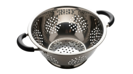 Stainless steel colander isolated PNG on transparent background, kitchen utensil for draining pasta and washing vegetables