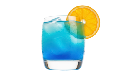 Refreshing blue cocktail with orange slice isolated PNG, summer drink with ice cubes on transparent background for party and bar menus