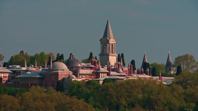 Seagulls Flying in Front of Topkapi Palace Tower in Istanbul