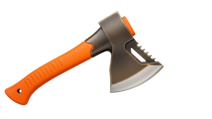 Orange and gray camping axe PNG isolated on transparent background, outdoor tool for chopping wood and survival gear