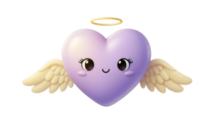 Cute purple heart with angel wings and halo isolated PNG, cartoon love symbol on transparent background for Valentine s Day design