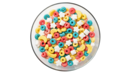 Bowl of colorful cereal PNG isolated on transparent background, breakfast food with rings, stars and moons for kids and healthy eating