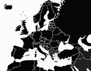 Intricate Black and White Woodcut Illustration of a Map of Europe, Artistic Vintage Style, Perfect for Historical Context.