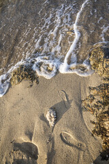 footprints in the sand next to the clear waters of the sea