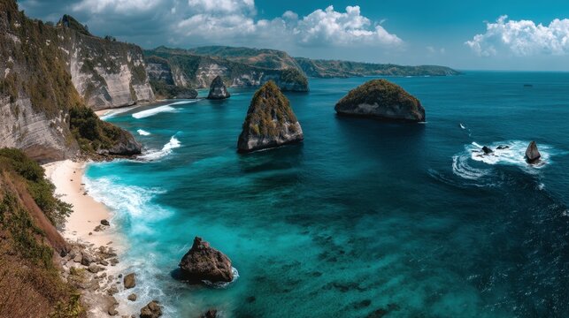Cliffs rise steeply from a beach with soft sand and clear water. Rocky formations dot the coastline under a bright blue sky. The scene shows waves breaking along the shore. - Powered by Adobe
