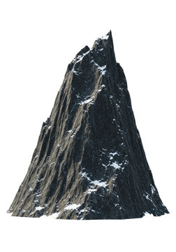 towering, massive rocky mountain peak, hyper-detailed granite and schist texture, dusted with snow and ice, sharp craggy silhouette, low-angle studio shot against a transparent background, concept of