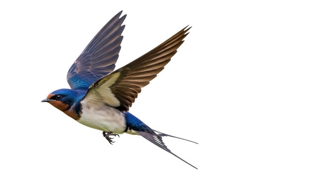 Barn swallow flying PNG isolated on transparent background, Hirundo rustica bird with blue feathers and long tail, wildlife cutout