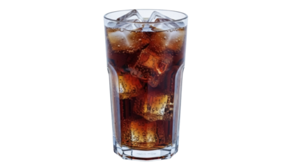Refreshing cola drink with ice cubes in glass isolated PNG, fizzy beverage for summer refreshment and party celebrations