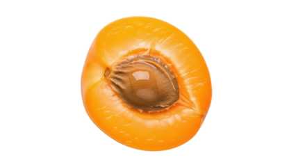 Half apricot fruit PNG isolated on transparent background, vibrant orange stone fruit cut in half showing pit, healthy eating concept