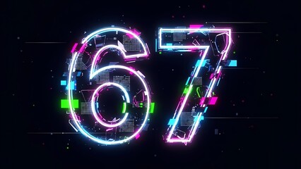 Vibrant '67' digital glitch art illustration with neon glow and abstract elements against a dark, futuristic cyber background.