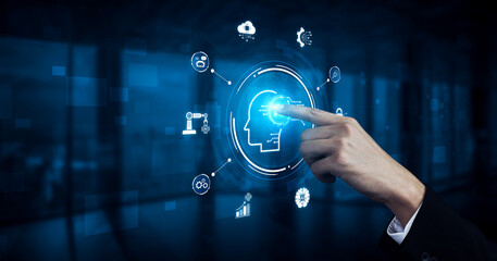 A concept of a global AI ecosystem centered on digital intelligence. Network integrates diverse applications like industrial automation, cloud computing, and fintech for worldwide innovation. Fermion