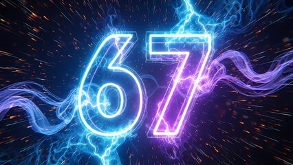 Dynamic digital representation of the number 67, radiating electric blue and purple energy in a futuristic abstract space.