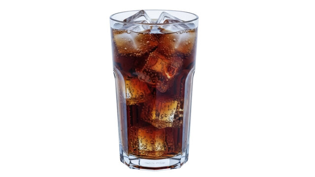 Refreshing cola drink with ice cubes in glass isolated PNG, fizzy beverage for summer refreshment and party celebrations