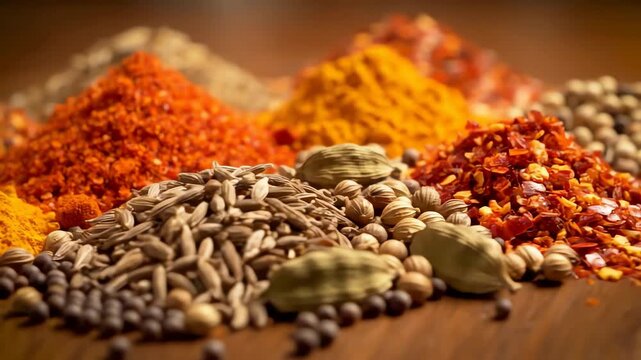 A close up dolly shot of a colorful assortment of aromatic Indian spices and herbs on a wooden surface.