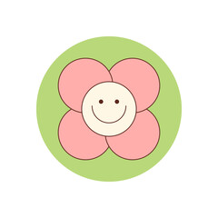 Groovy retro flower smile with pink circle and sticker badge style. Fun patch as playful package seal or cute lid label, y2k accent for happy product.