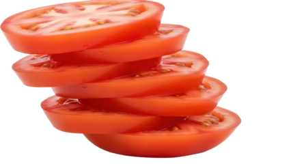 Stack of fresh red tomato slices isolated PNG, healthy eating ingredient for salad or sandwich on transparent background
