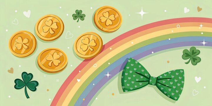 Saint Patrick Day still life with gold coins green bow tie rainbow and shamrocks.