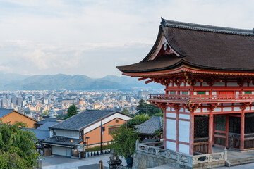 Fototapeta premium The panoramic early morning view of the Kyoto skyline and distant mountains in Japan.