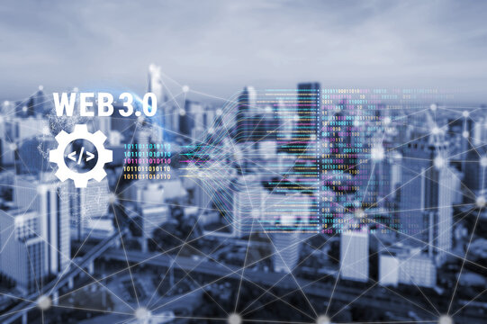 The concept of Web 3.0 development and decentralized data processing. The flow of binary code and information in the next generation internet. Motif - Powered by Adobe