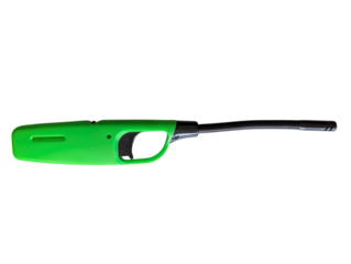 Green gas lighter with long nozzle, isolated on white background. Household tool for lighting candles, stoves or grills.