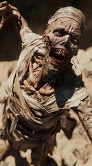 Horrifying reanimated ancient Egyptian undead creature with tattered dirty bandages rising from desert sand, menacingly roaring, showing sharp teeth. Its decayed face displays a terrifying gaze.