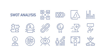 SWOT analysis icon set, business strategy and planning symbols collection for marketing research, corporate evaluation and management process flat vector illustration.