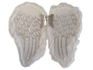 White angel wings costume accessory with feather texture, isolated on white. Decorative prop for costumes, holidays or photoshoots.