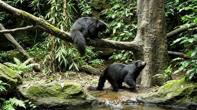 Two black sun bears foraging by a stream in a lush green jungle environment