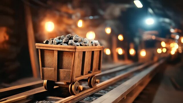 Rusty vintage minecart filled with coal on metal tracks inside dark illuminated underground mine tunnel, historical mining equipment, defocused shaft walls, with copy space