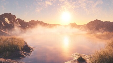 Serene Lakeside Scenery with Misty Veil and Golden Sunlight, Perfect for Nature Photography Lovers.