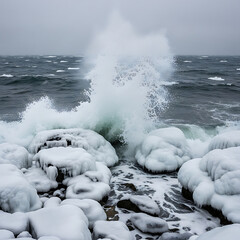 Winter wave crashing on icy rocks