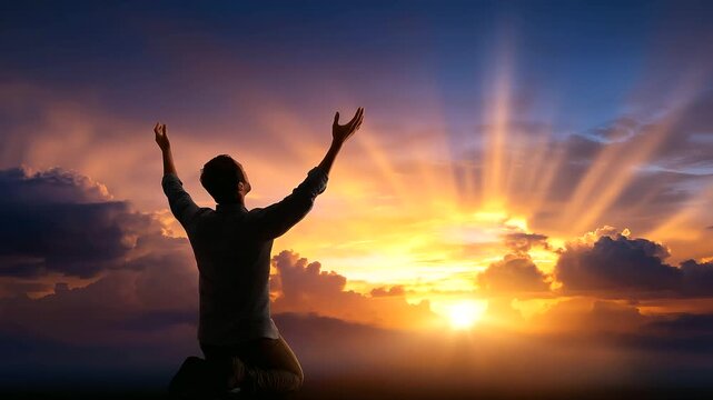 Silhouette of faceless person kneeling in prayer position with arms raised toward illuminated sky, spiritual devotion moment, defocused divine light rays, contemplative worship sce