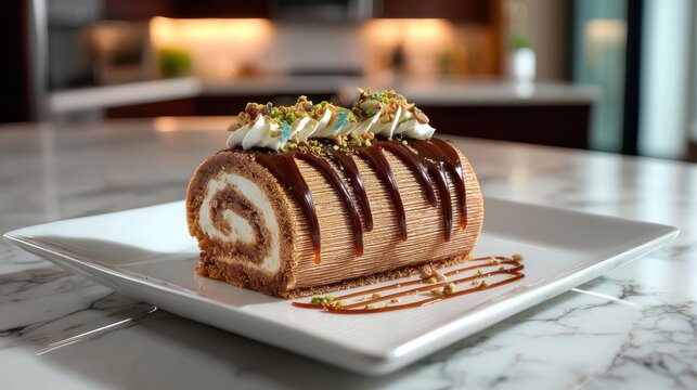 Buche de noel log cake dessert on white plate, copy space