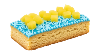 Delicious shortbread cake with blue icing and pineapple chunks isolated PNG, sweet dessert for bakery and confectionery concepts