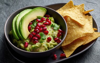 Fresh vibrant Mexican guacamole dip, generously topped with sliced avocado and bright pomegranate seeds. Savory appetizer food served with crispy golden corn tortilla chips on a dark plate.