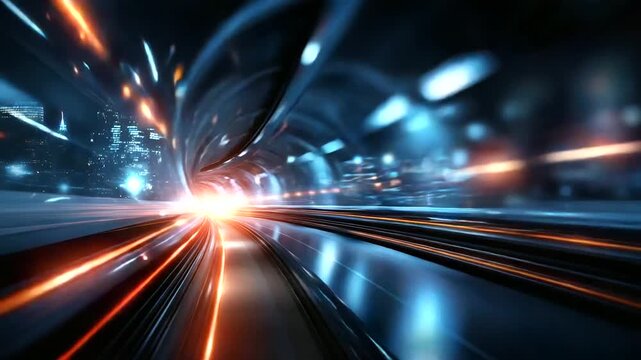 Speed light tunnel abstract background with motion blur effect, velocity visualization, fast data transfer, digital highway, futuristic corridor, dynamic perspective, neon trail li