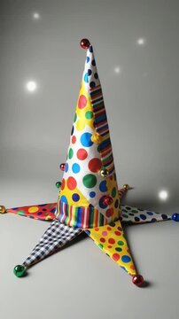 Harlequin party hat in playful style, bright polka-dot and striped colors, carnival costume accessory concept