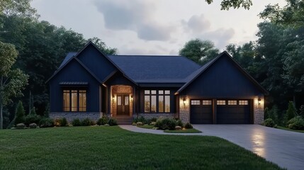 Obraz premium Modern dark house, evening, wooded lot, landscaping