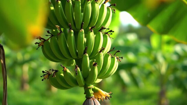 Close up slow motion of green unripe banana bunch hanging from tree with lush foliage